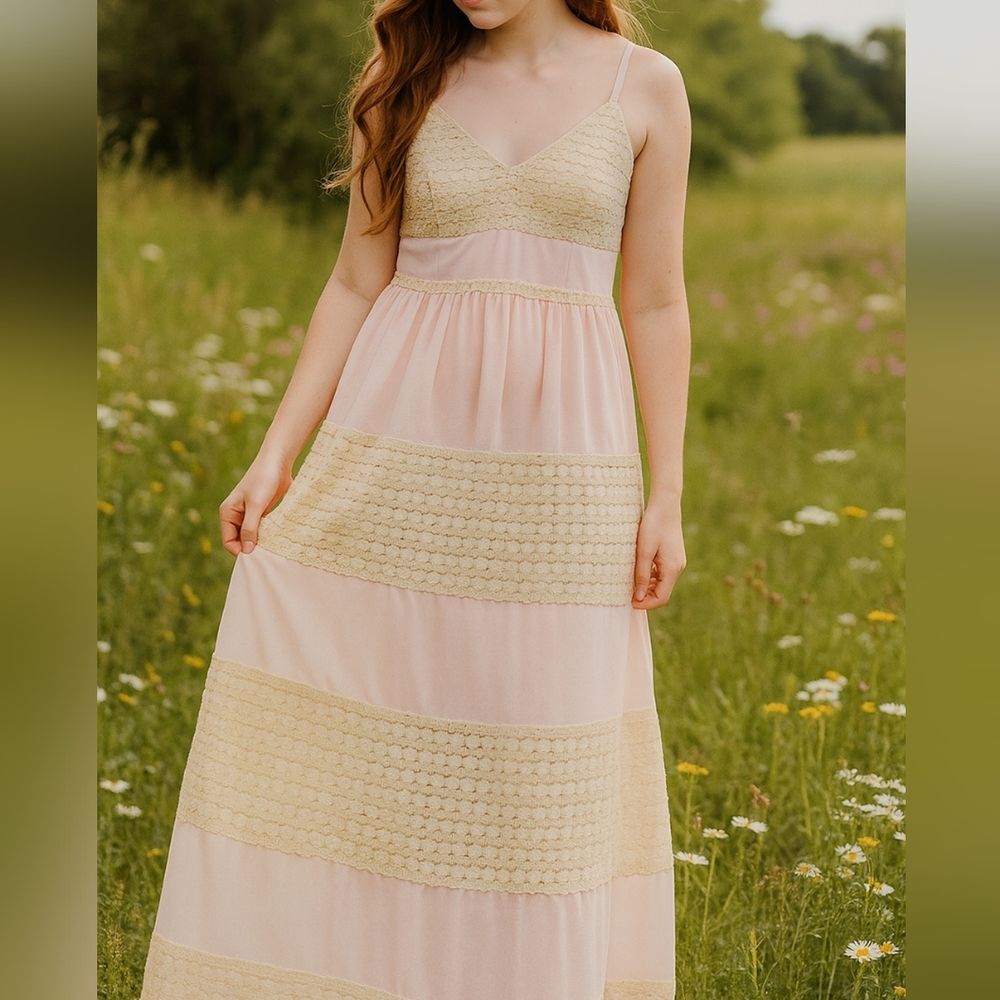 Cottagecore Crochet Pink Cream Lace Maxi Dress L Fairycore Ethereal Romantic